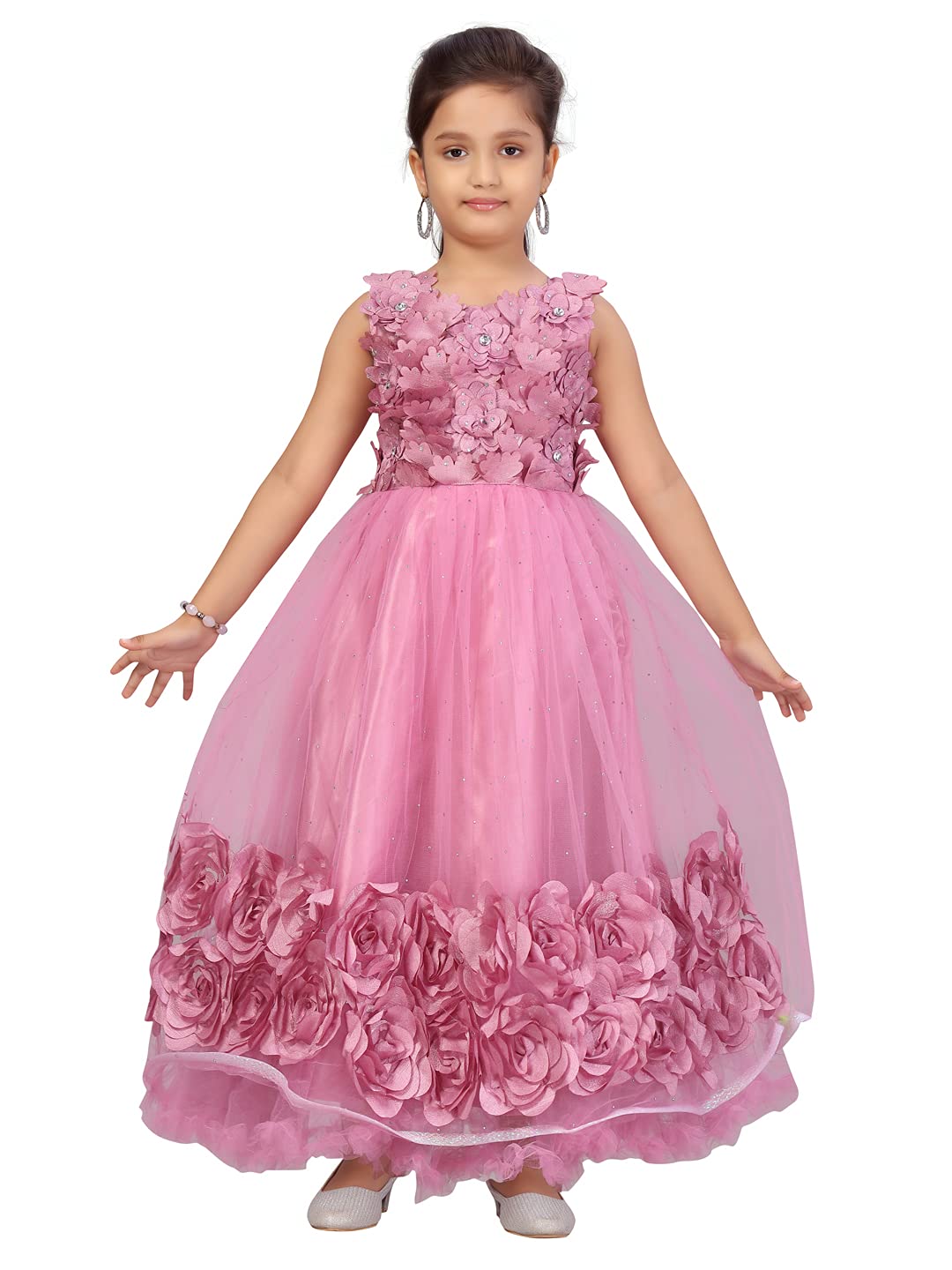 Aarika Girls A-Line Regular Fit Net/Nylon Gown(G-7405-Pink-22)