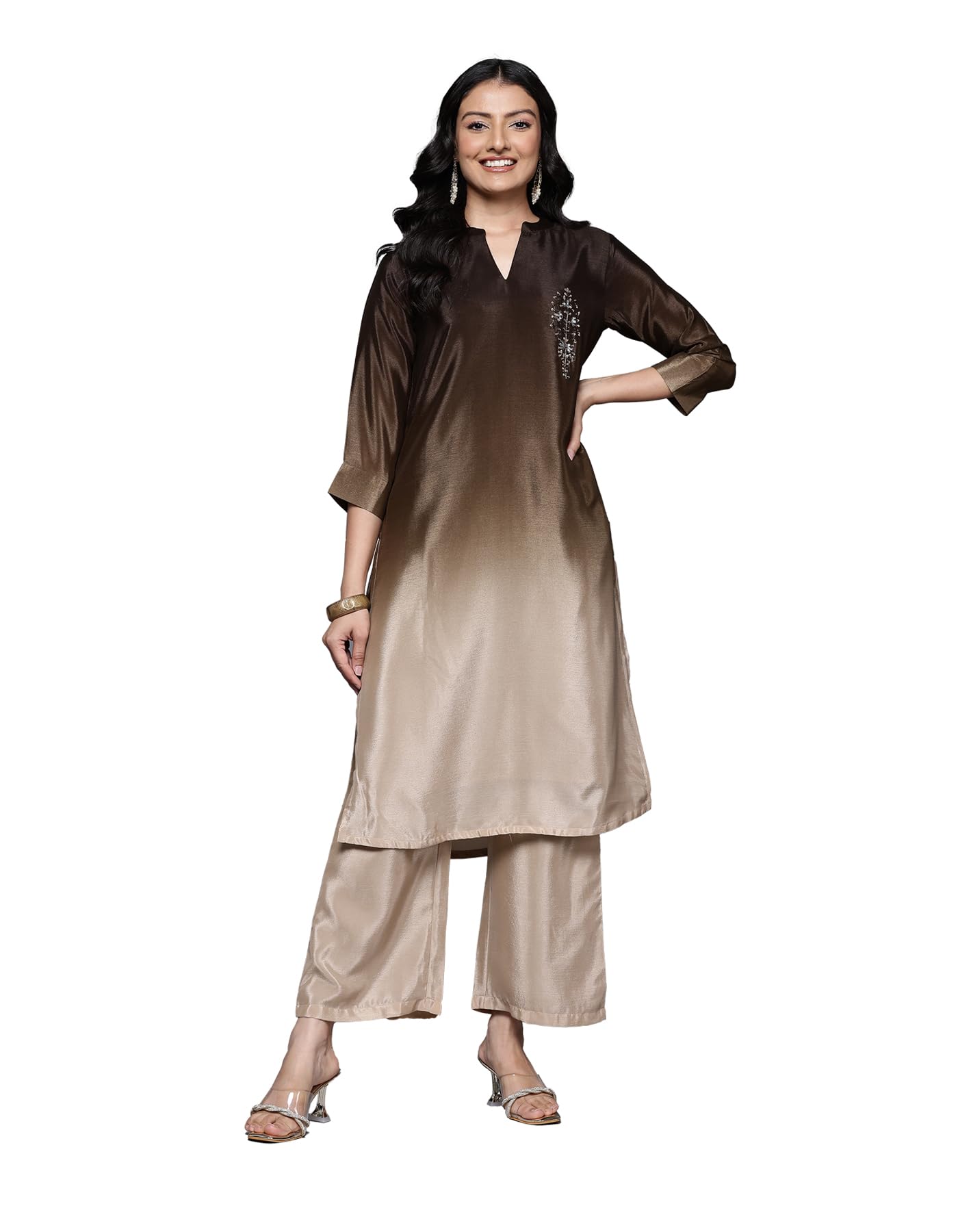 Varanga Women'S Silk Blend Solid Regular Kurta  Elegant, Comfortable & Timeless Ethnic Wear Brown