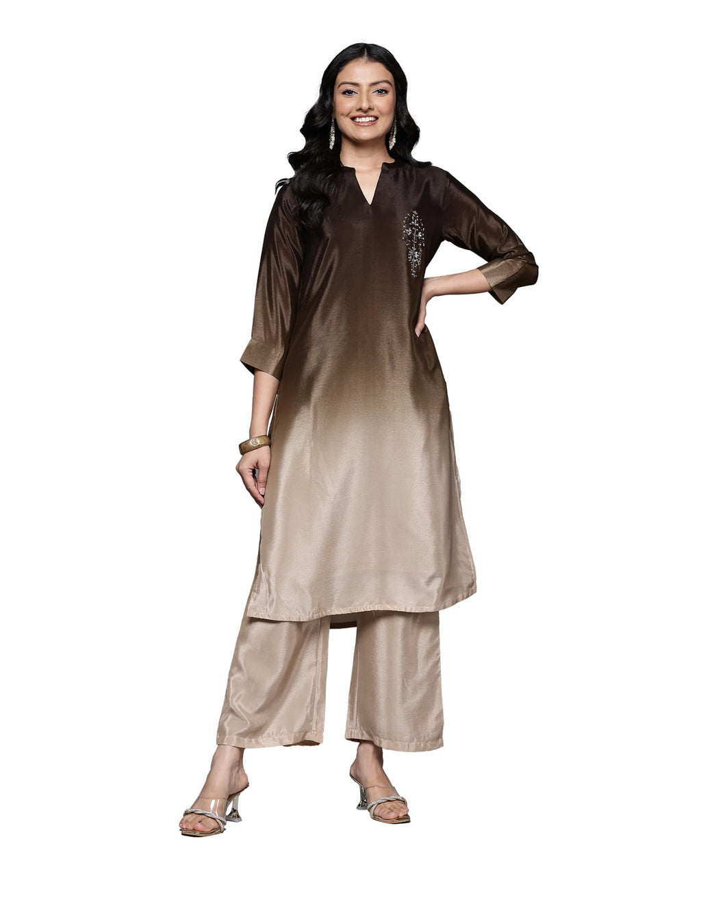 Varanga Women Embroidered Kurta Set with Tonal Bottom  Camel Brown, Three-Quarter Sleeves, Women Kurta Set, Kurti Set with Dupat