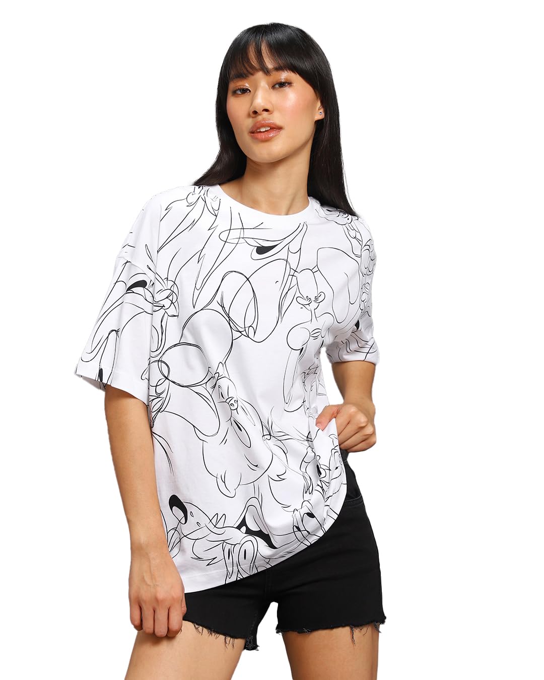 Bewakoof Womens All Over Printed Oversized Fit Half Sleeve Round Neck Pure Cotton Plus Size T-Shirt_637450_White_5XL