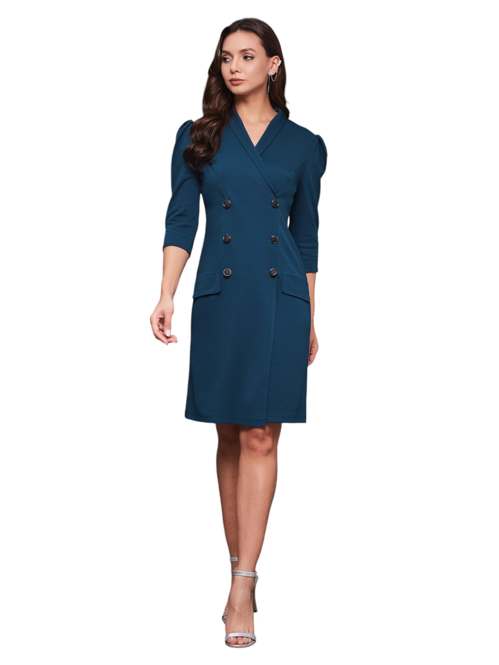 Miss Chase Womens V Neck 3/4 Sleeve Solid Knee-Long Dress (MCAW21D13-33-83-04, Teal, M)