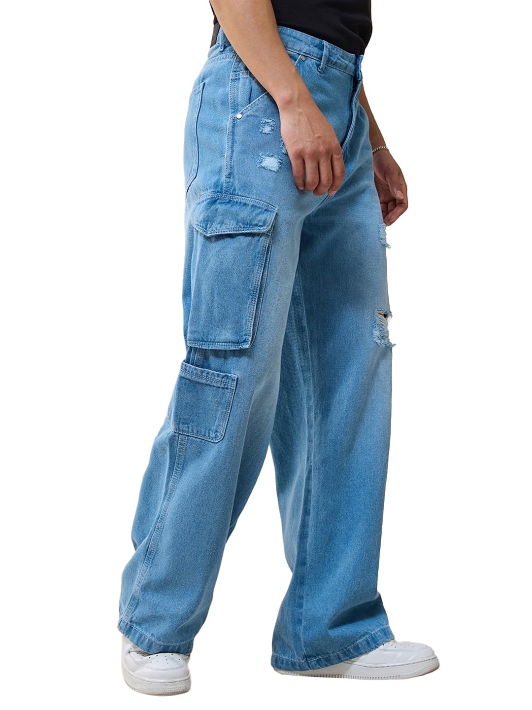 Bewakoof Mens Solid Straight Fit Cotton Baggy Distressed Jeans_624691_Blue_28