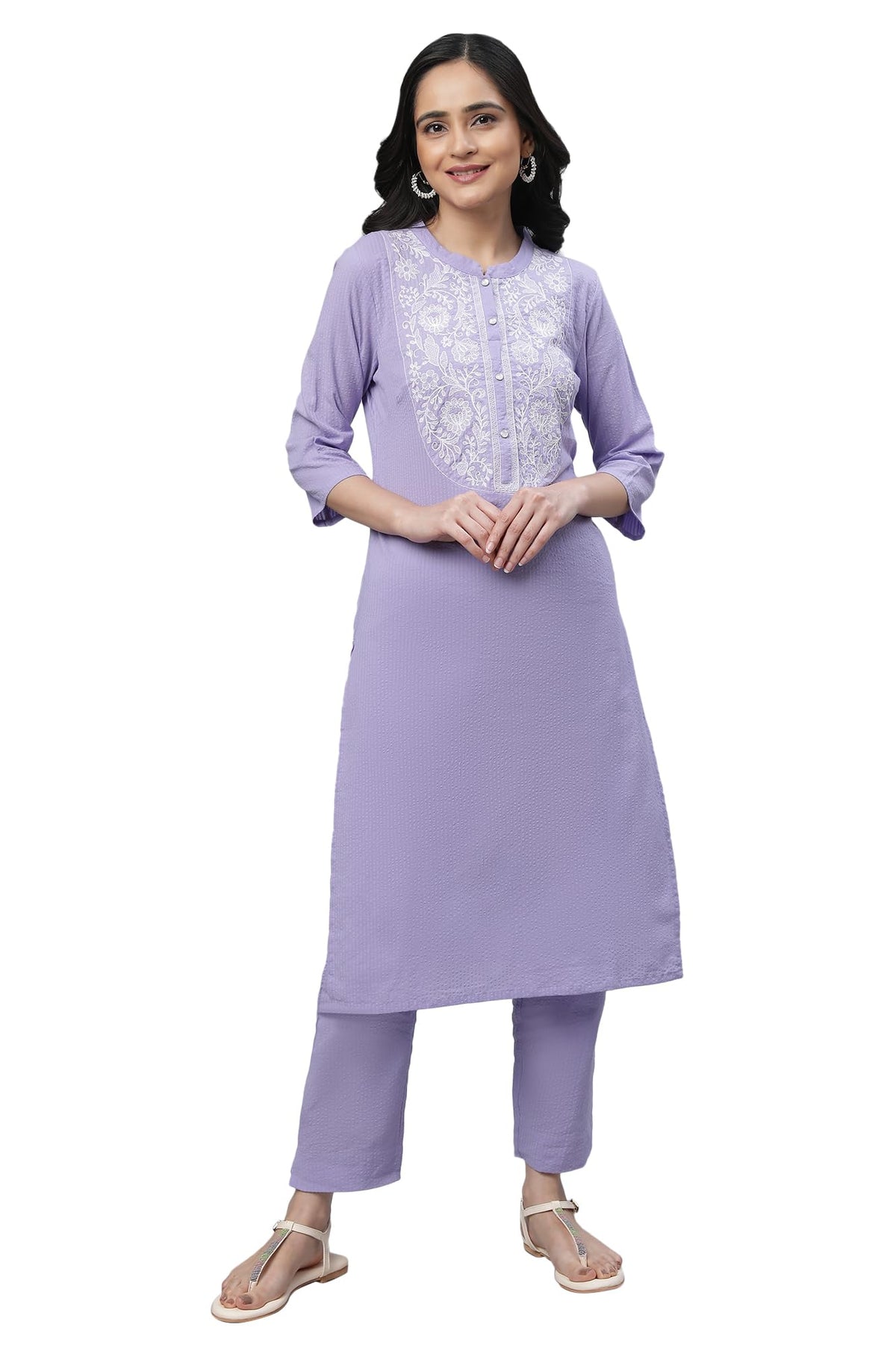 Purple Seer Sucker Embroidered Kurta Co-ord Set (Size: XL)-23FEAS14428-605790