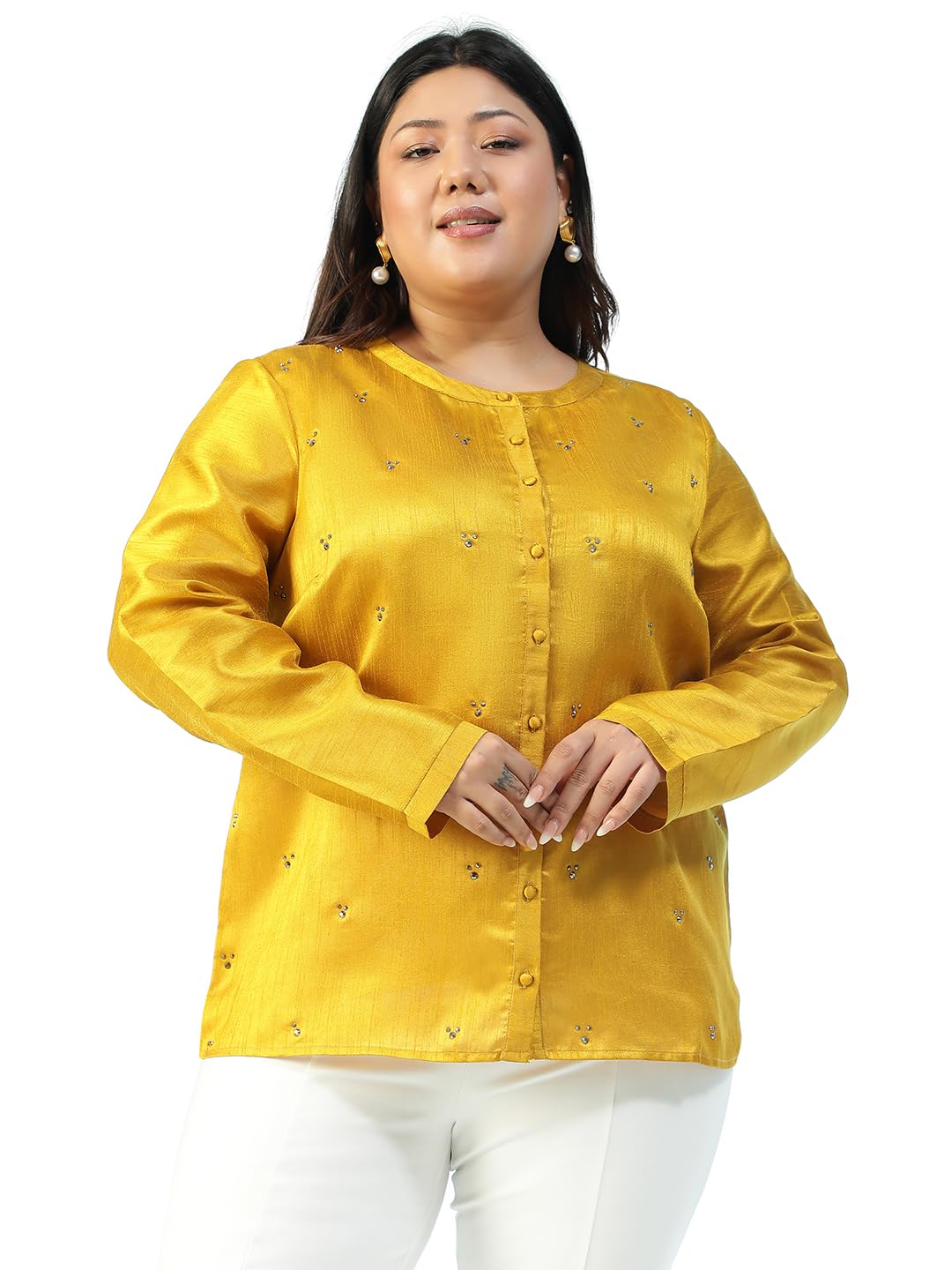 oxolloxo Women Plus Size Mustard Round Neck Long Sleeve Embelished Detail Button Down Dupion Poly Silk Shirt 3