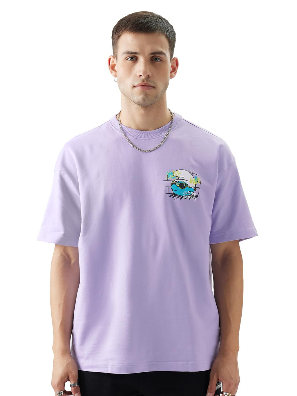 The Souled Store Official Smurfs: Smurf Off! Men and Boys Oversize Fit Half Sleeve Graphic Printed Cotton Purple Color T-Shirt