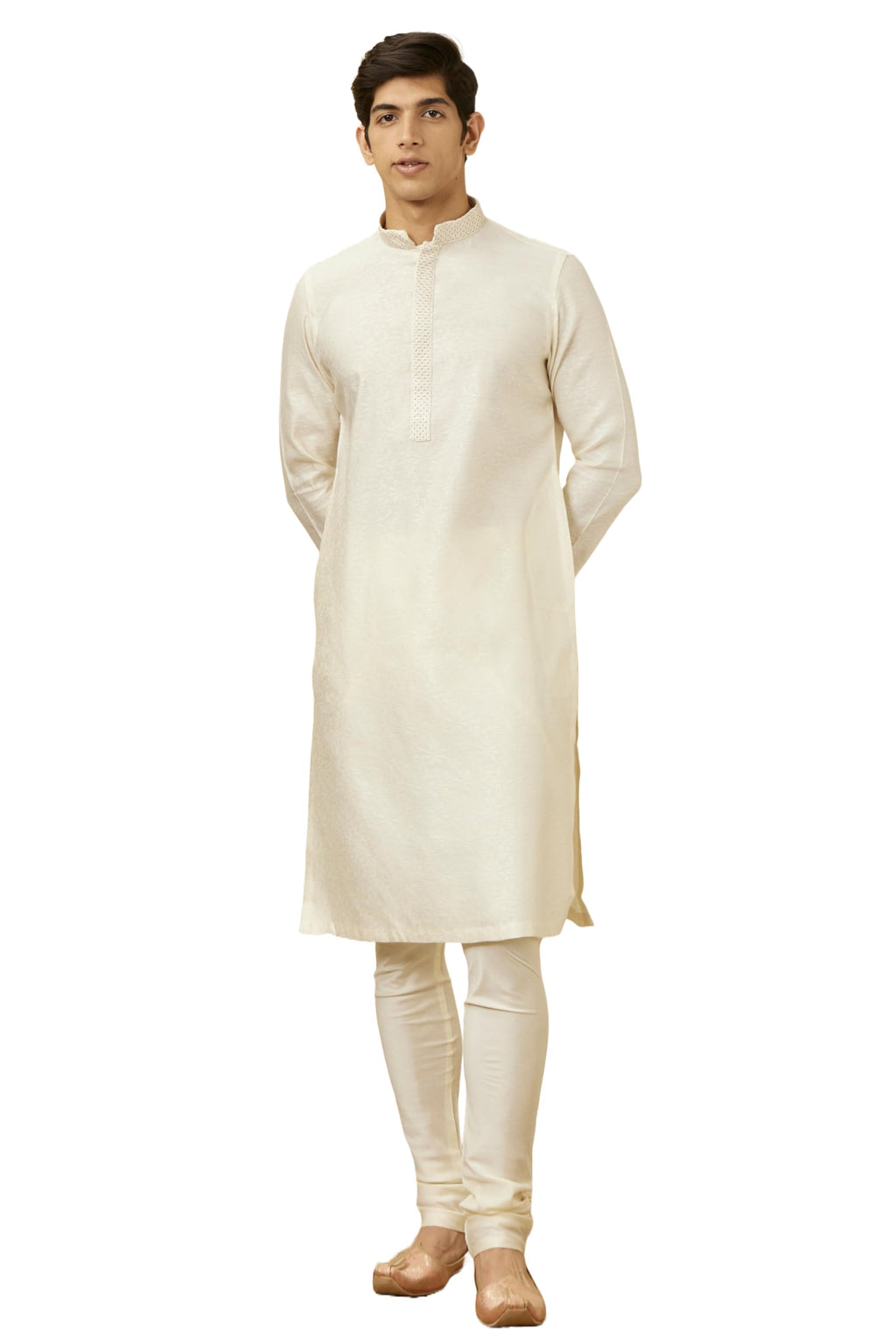 Manyavar Kurta Set for Men, Full Sleeves Mandarin Collar Ethnic Kurta Set for Engagement, Wedding, Party Solid (Off White, M)