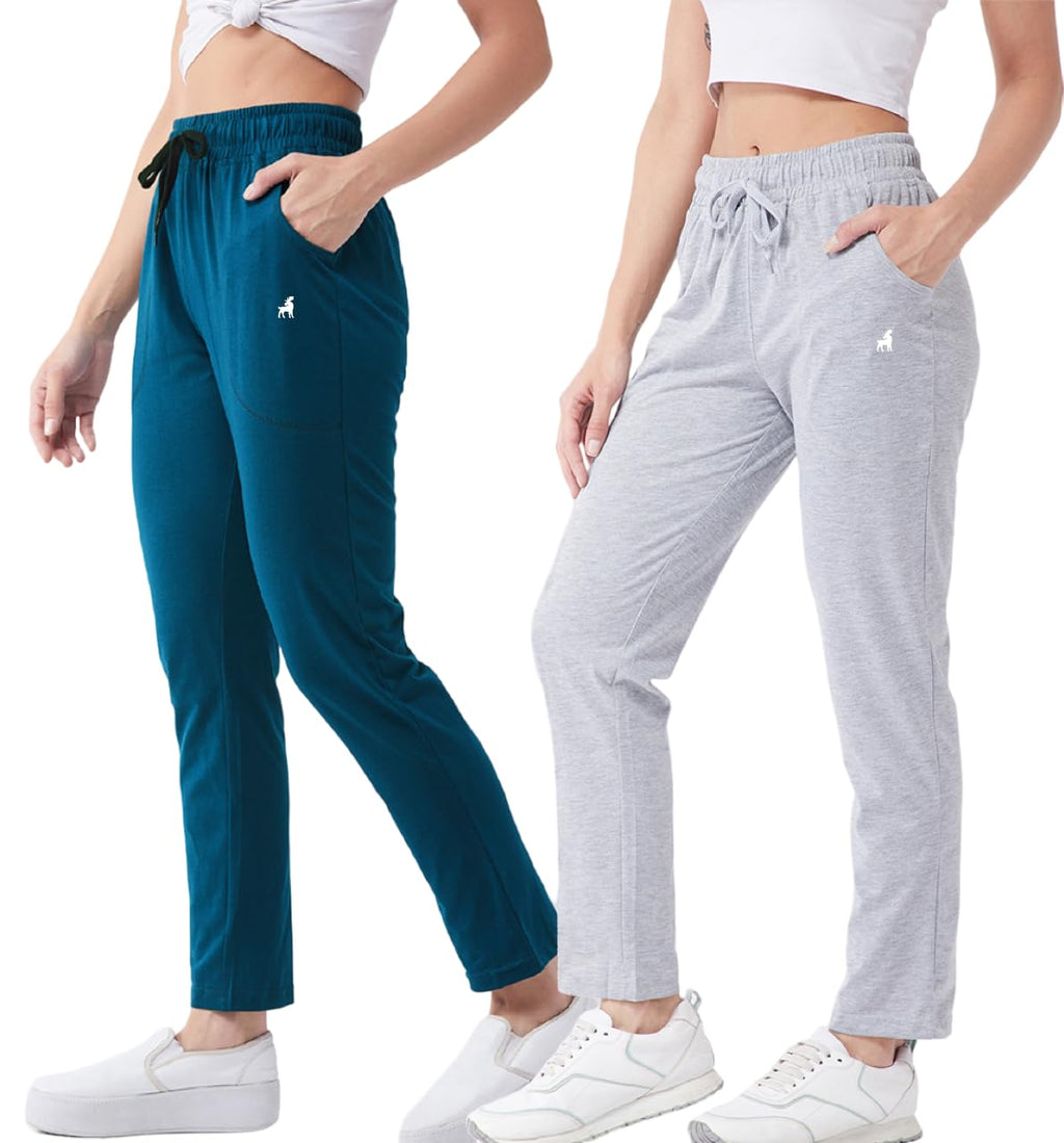 Modeve  Women Cotton Blend Pack of 2 Track Pant for Summer || Women Lower || Women Pyjama || Lounge Pants_Teal and Light Grey_XX
