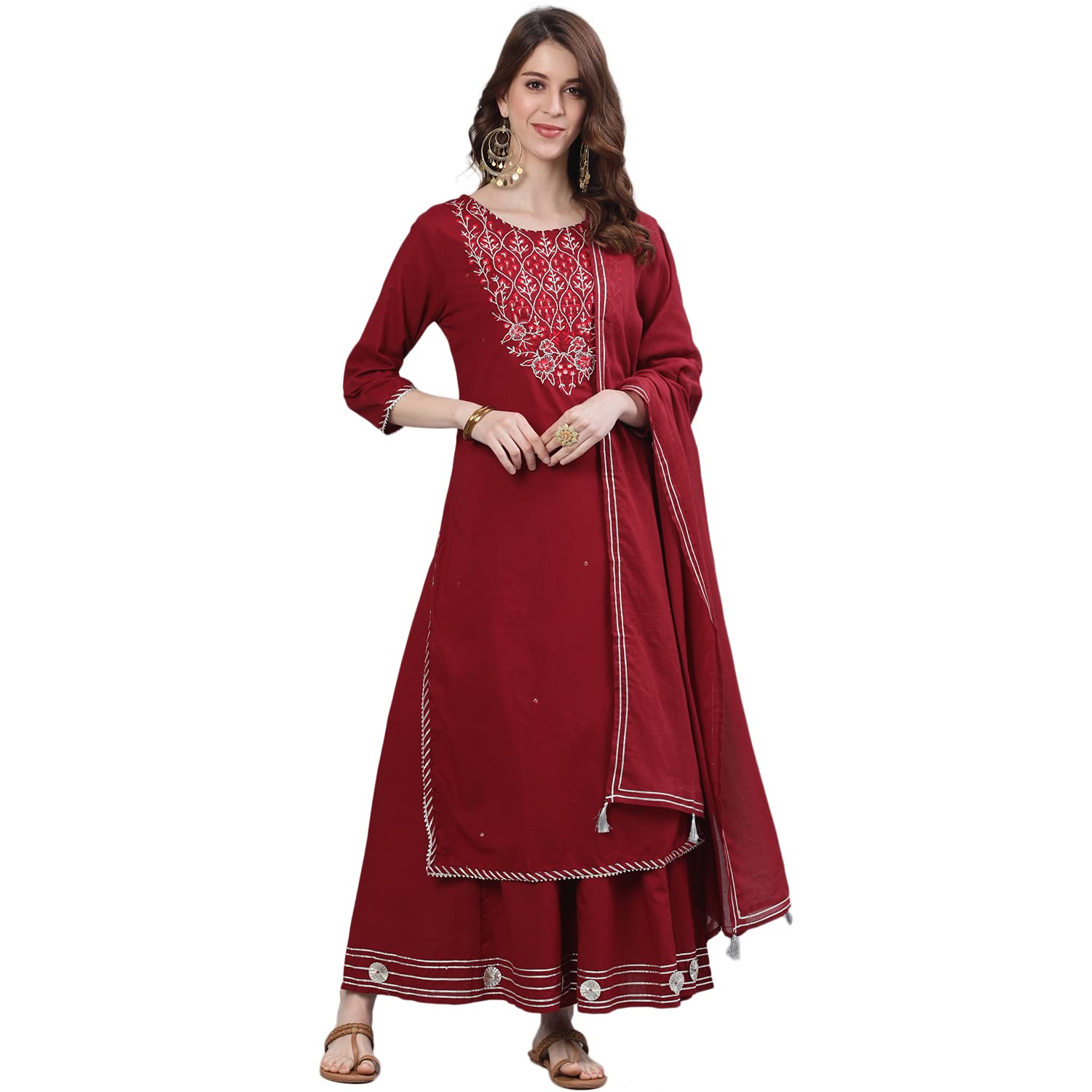 Ishin Women'S Pure Cotton A-Line Embroidered Gotta Patti Ethnic Motifs Print Maroon Kurta Suit Set With Sharara Xykplytire-939D_