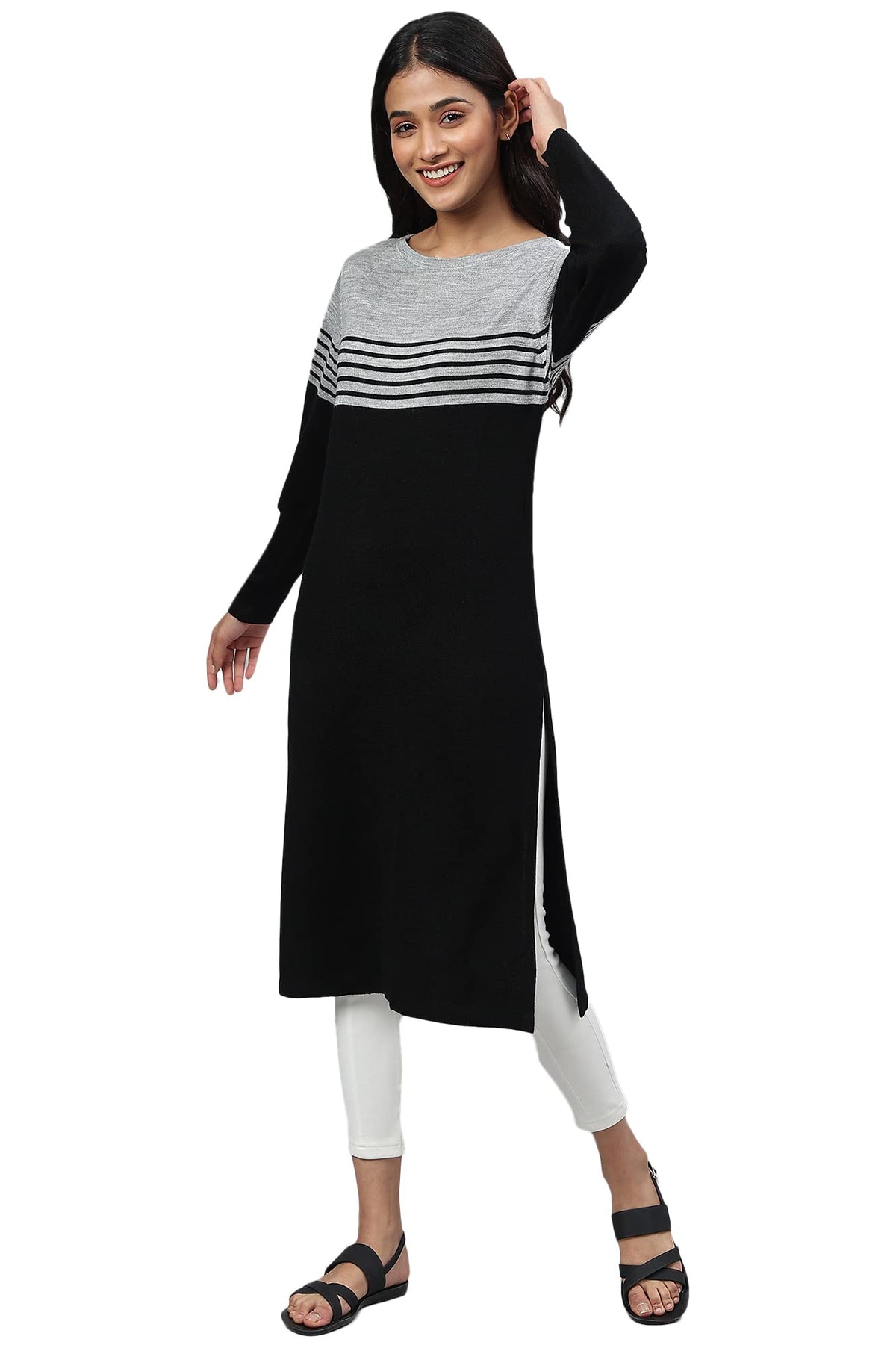 Aurelia Women Black Acrylic Solid Yarn Dyed Straight Fit Kurta_22Noa13542-603090_M