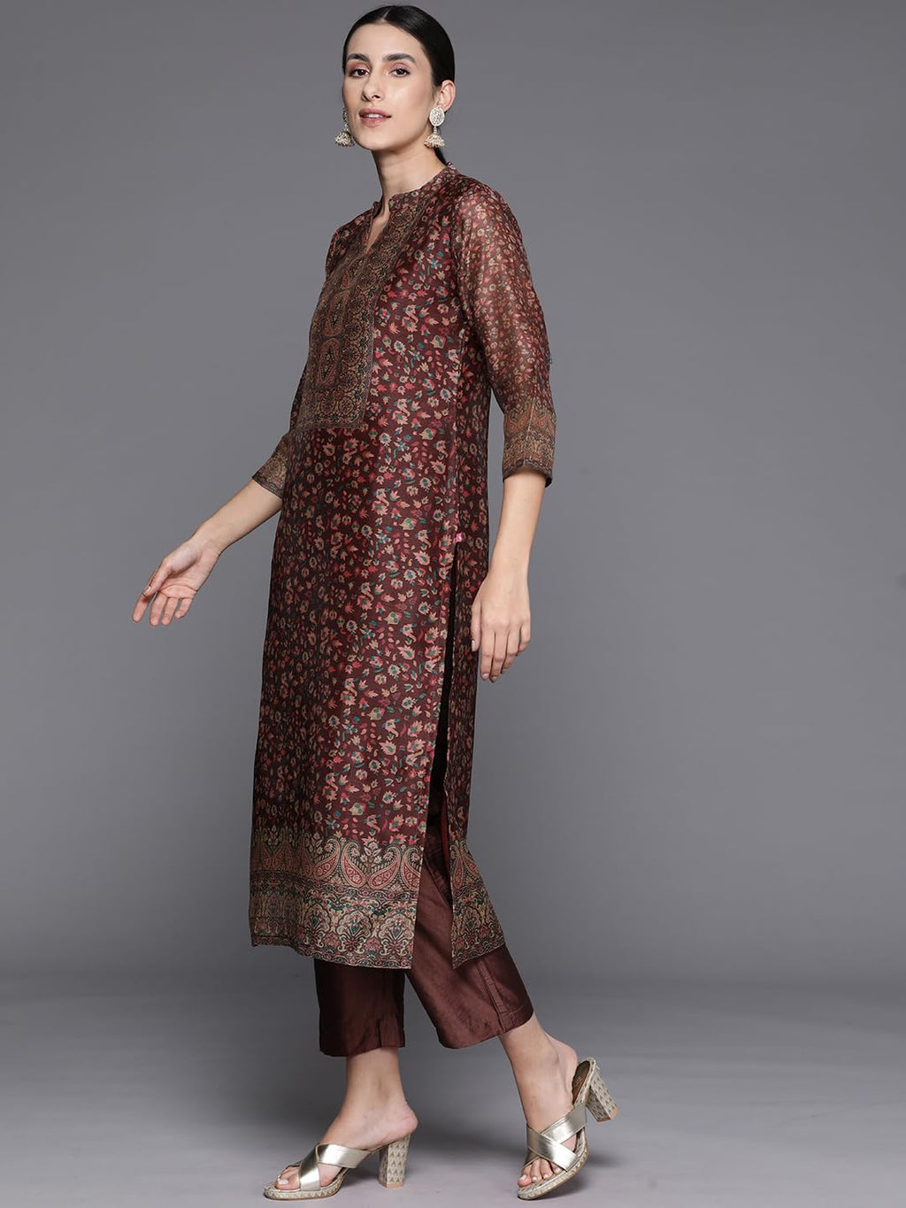 Varanga Women Brown Printed Straight Kurta With Solid Bottom And Printed Dupatta  Floral Mandarin Collar, Three Quarter Sleeves,