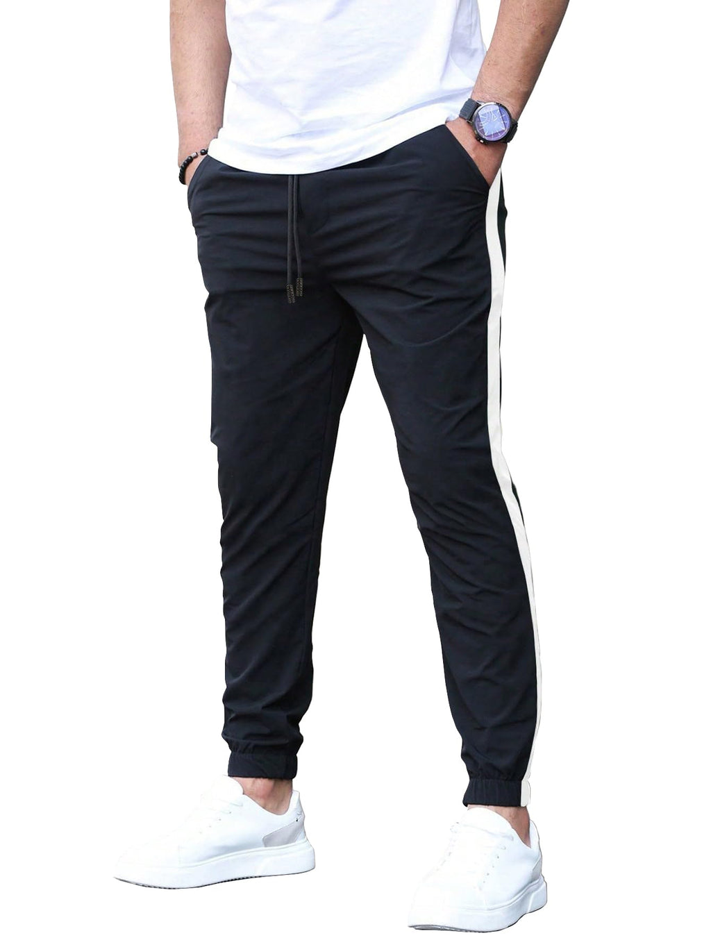 Shasmi Mens Athletic Jogger Black and White Contrast Side Color Block Patchwork Drawstring Waist Track Pant with Slit Pockets, 