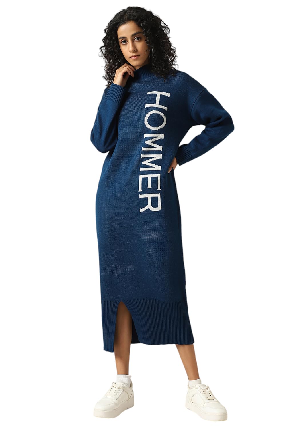 Hubberholme Women Acrylic Knitted Loose Fit Turtle Neck Full Sleeves Bodycon Dresses Navy