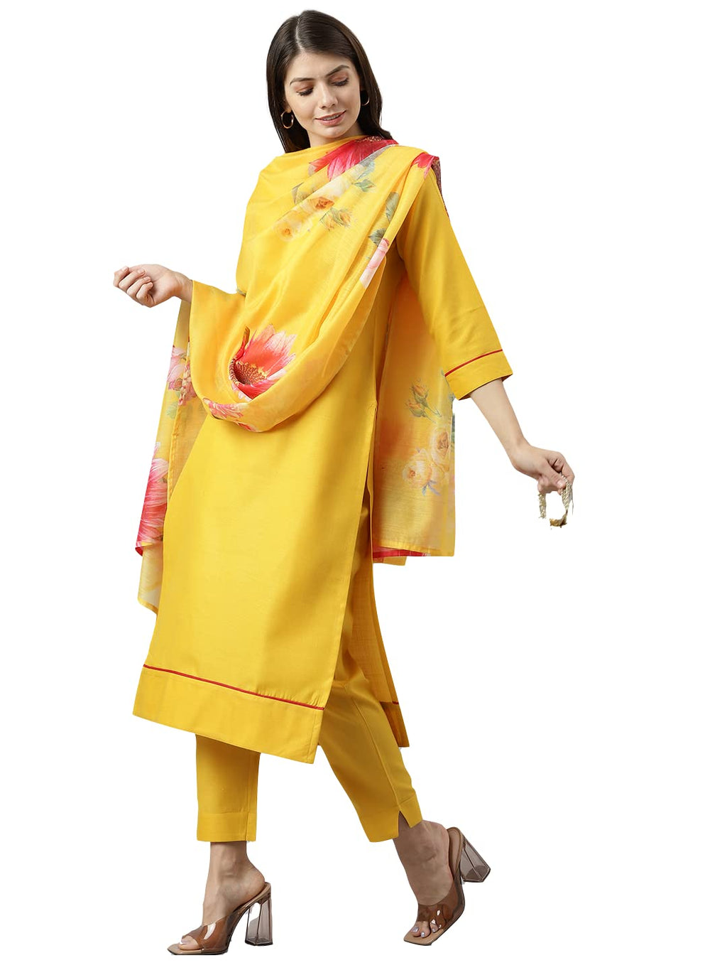 ANNI DESIGNER Womens Polycotton Straight Kurta with Pant & Dupatta (Nilesh Yellow_M_NEW01_Yellow_Medium)
