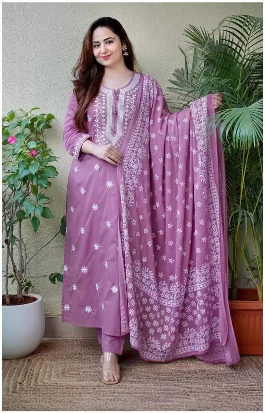 Suppar Sleave WomenS Rayon Embroidered Straight Kurta And Pant With Dupatta Set For Women