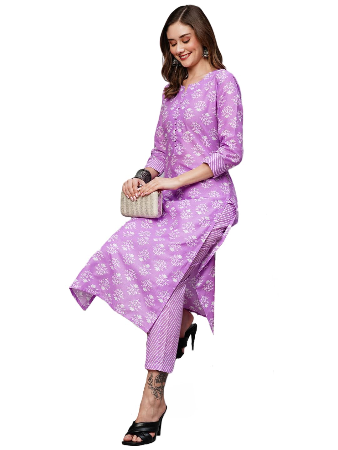 Gosriki Women'S Cotton Blend Printed Straight Kurta With Pant (Kidya Purple-Nw-Gs_S_Purple_Small)