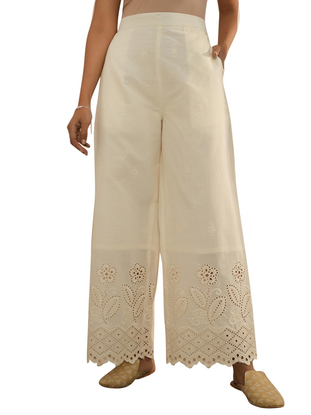 Libas Women Mid Rise Regular Casual Pants (Pl1567_Off White, Xl)