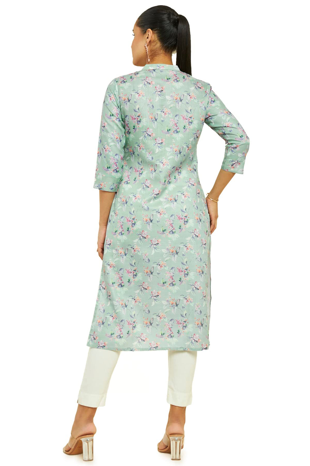 Soch Women Green Linen Floral Print Kurta