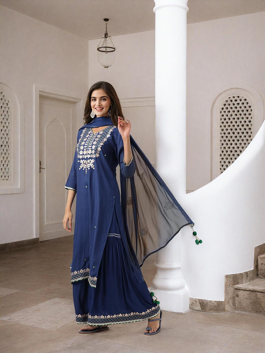 Ishin Gotta Patti Detail Straight Kurta With Sharara And Dupatta