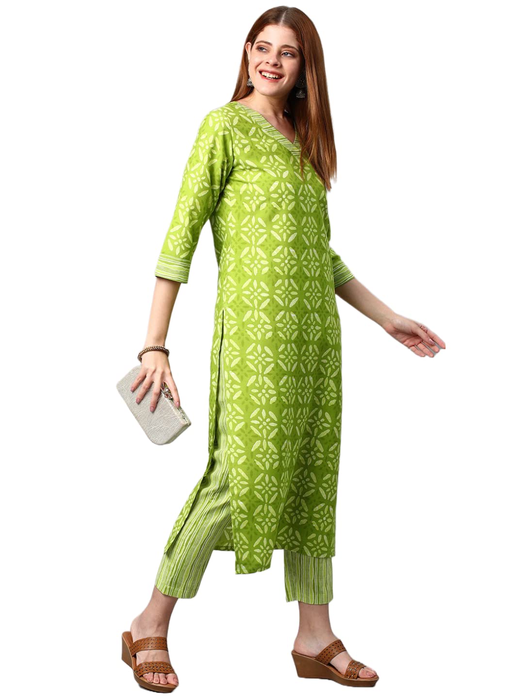 ANNI DESIGNER Womens Cotton Blend Traditional Straight Printed Kurta and Pant Set (Sixty Parrot-Nw_M_Green_Medium)