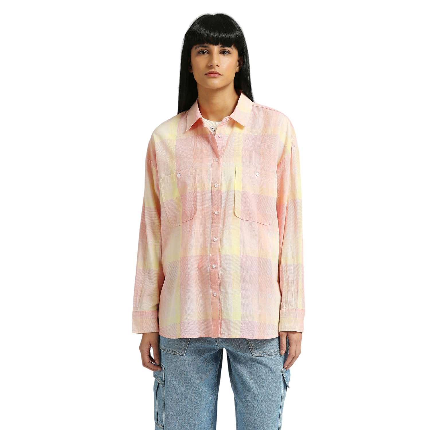 Pepe Jeans WomenS Checkered Oversized Fit Shirt (Pl304909_Yellow_Pink