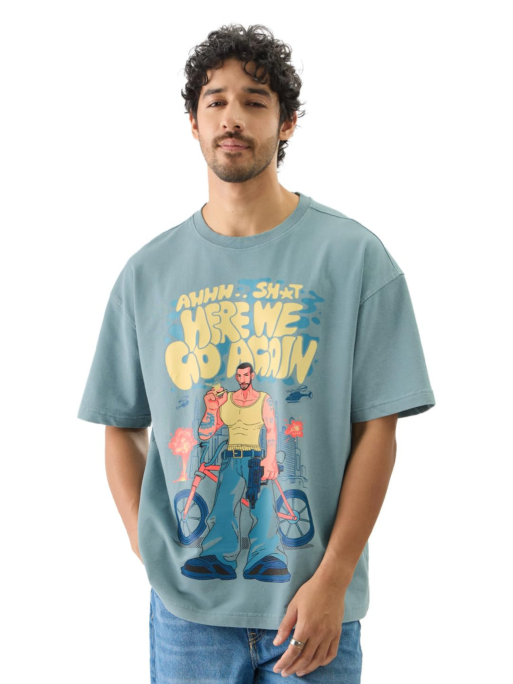 The Souled Store Here We Go Again Short Sleeve Round Neck Green Graphic Printed Cotton Oversized T-Shirts for Men and Boys- Tren