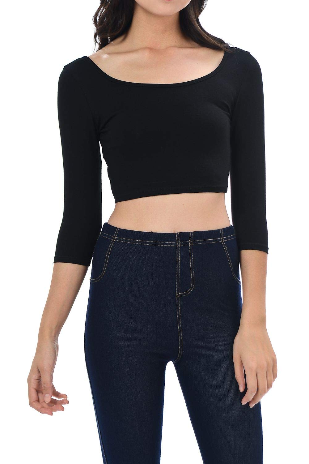 Womens Trendy Solid Color Basic Scooped Neck and Back Crop Top, 3/4 Black, Small 3/4 Black