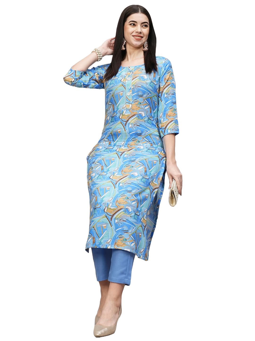 ANNI DESIGNER Womens Cotton Blend Straight Printed Kurta with Pant (UOP Sky Blue_XXL_Sky Blue_XX-Large)