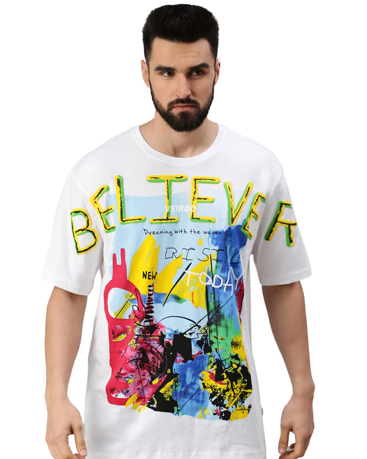 Veirdo Men's Free Size Loose Fit Believer Typography Printed 100% Cotton T-Shirt