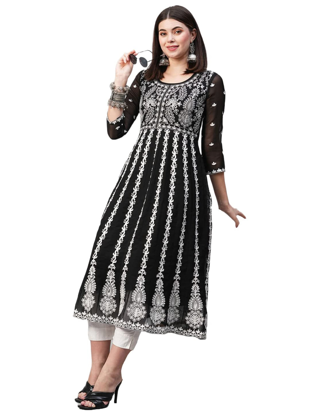 ANNI DESIGNER Womens Georgette Chikankari Embroidered Anarkali Kurti (Naav Black-Nw2_L_Black_Large)