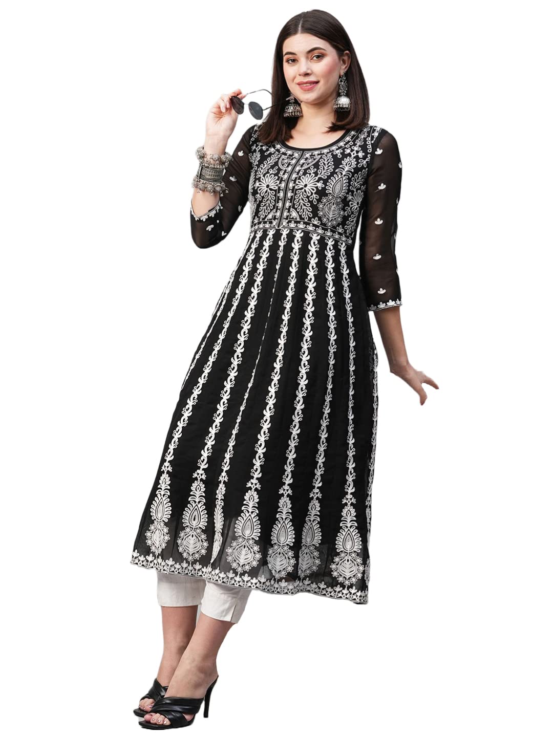 ANNI DESIGNER Womens Georgette Chikankari Embroidered Anarkali Kurti (Naav Black-Nw2_L_Black_Large)