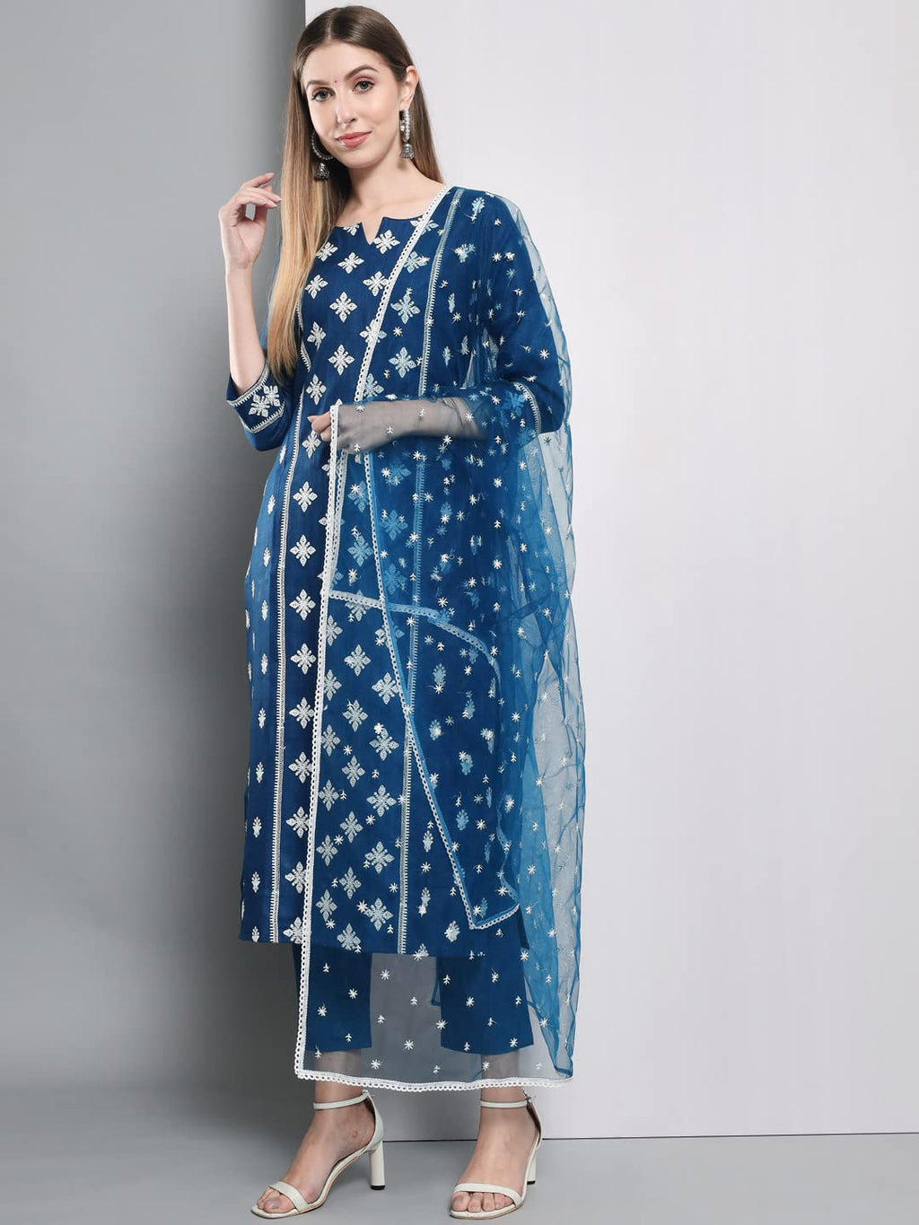 Anni Designer Women'S Cotton Blend Embroidered Straight Kurta With Pants & Dupatta (Kurupam)