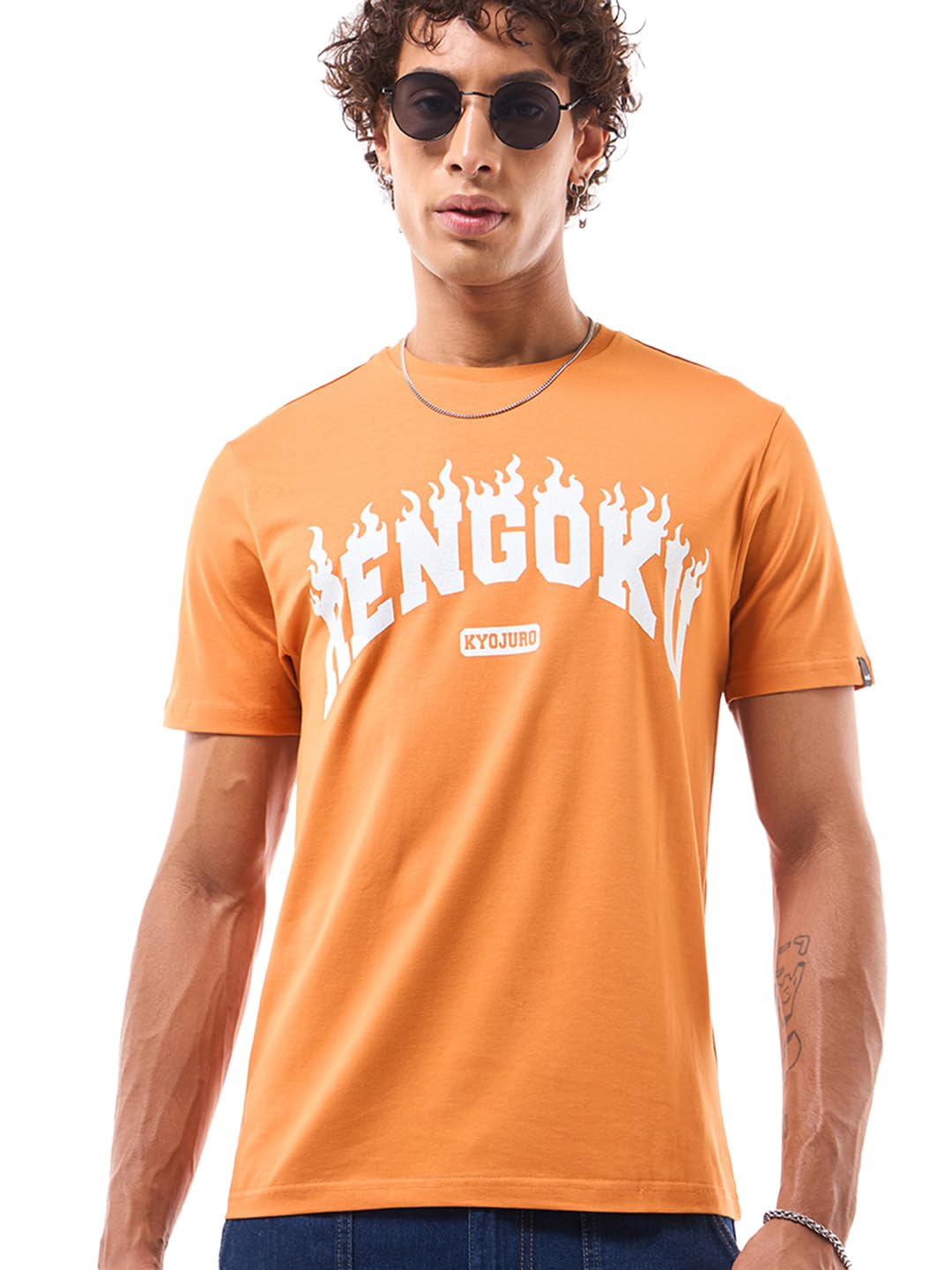 Bewakoof Official Demon Slayer Merchandise Rengoku MenS Typography Regular Fit Half Sleeve Round Neck Cotton Blend T-Shirt_64598