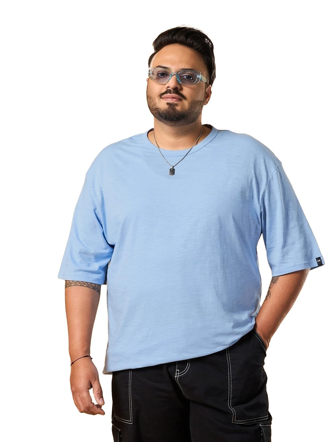 Bewakoof Air 1.0 Mens Solid Oversized Fit Half Sleeve Round Neck Cotton Plus Size T-Shirt_604543_Blue_3XL