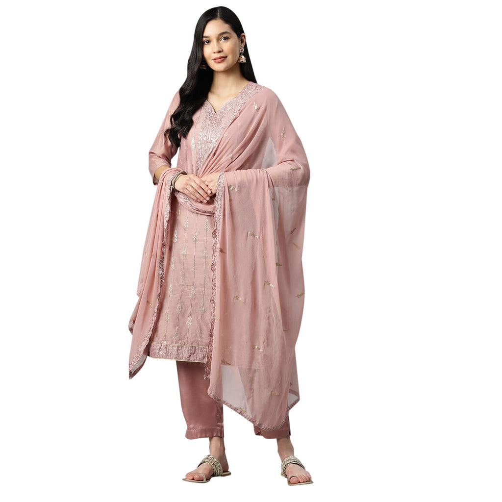 Ishin Silk Blend Embroidered Mauve Straight Kurta Suit Set With Trousers