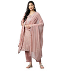 Ishin Silk Blend Embroidered Mauve Straight Kurta Suit Set With Trousers