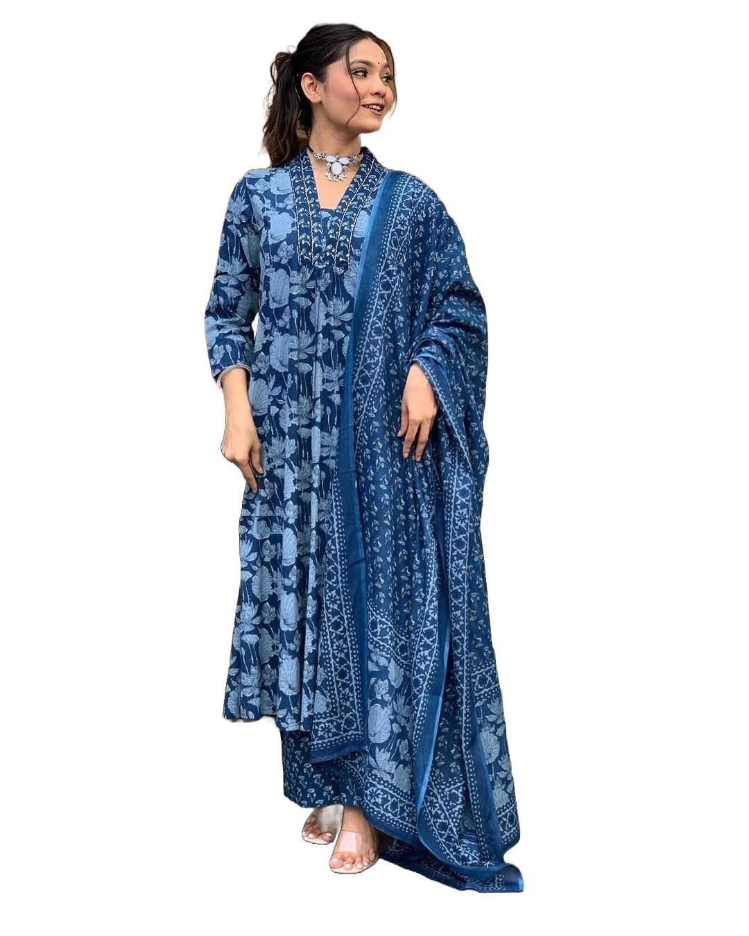 Nermosa A-Line Printed Kurta Set For Women With Dupatta (In, Alpha, Xl, Indigo Blue)
