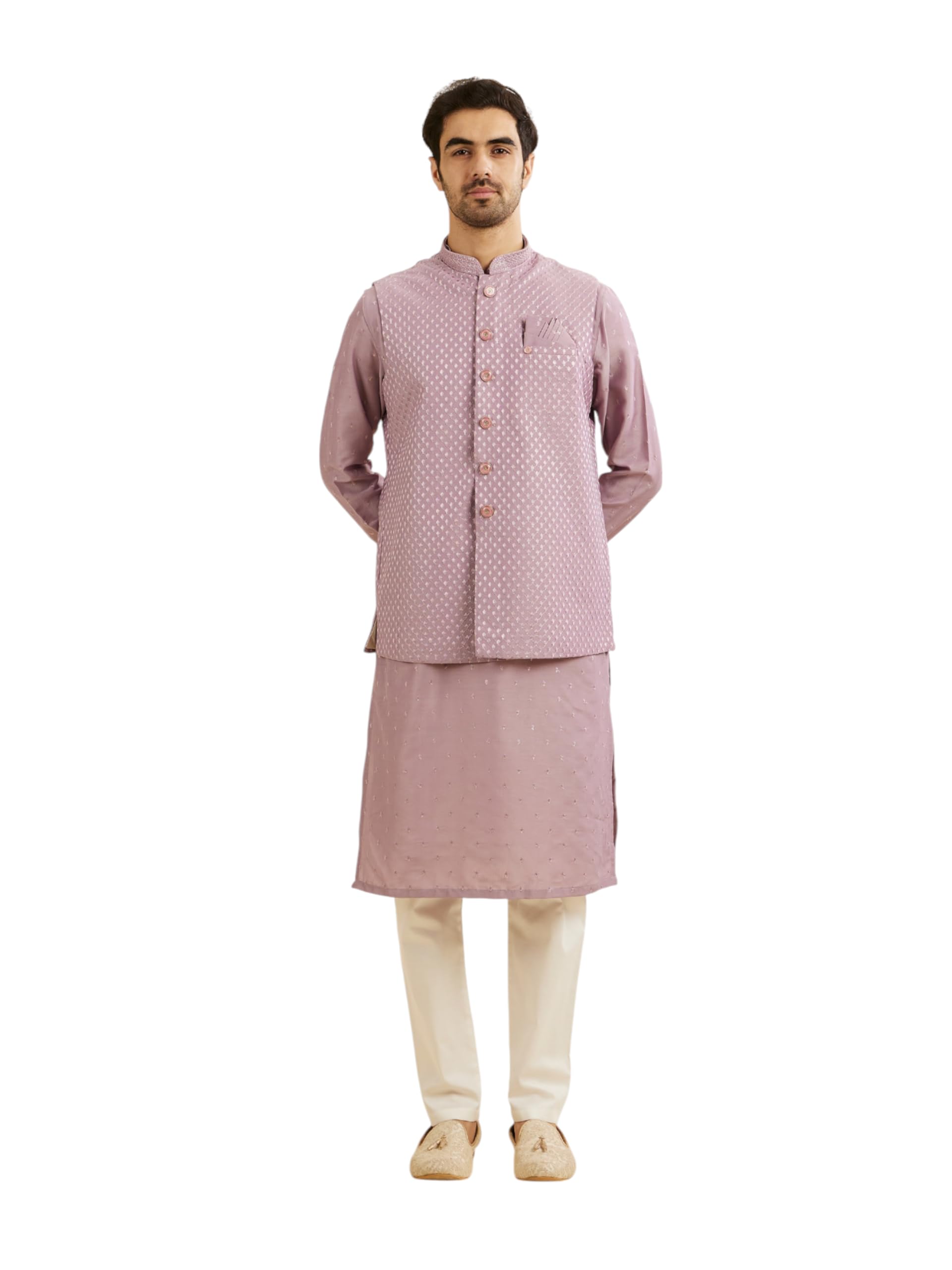 Manyavar Mens Art Silk Jacquard |Thread Work Kurta Jacket Set (Lilac,XXL)