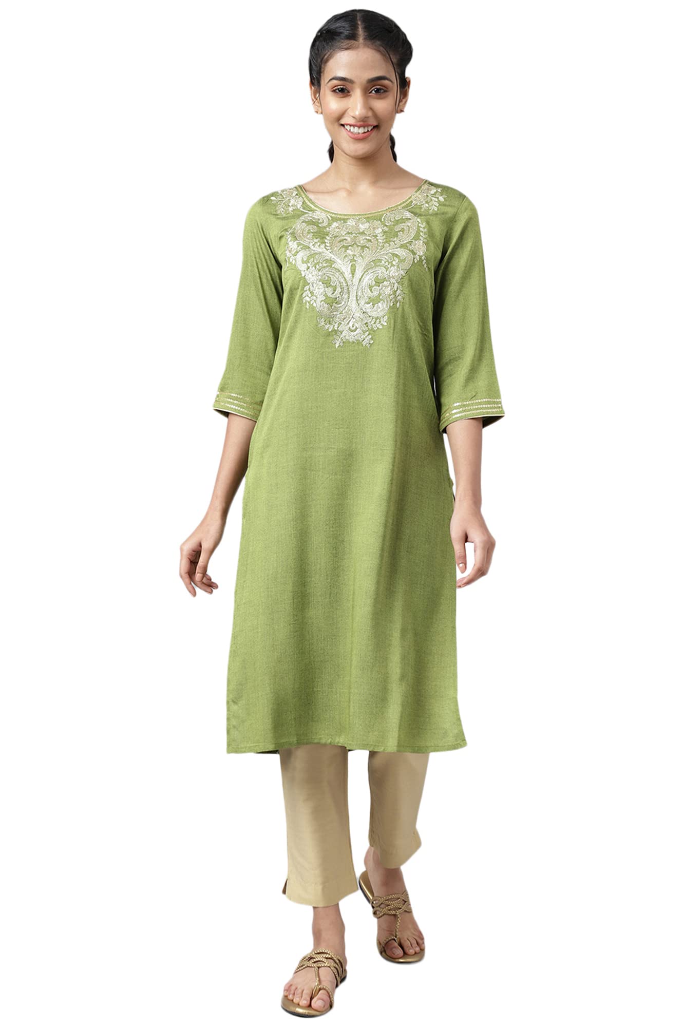 Aurelia Women Love Bird Green Rayon Solid Yarn Dyed Straight Kurta_22Aua13514-702835_M