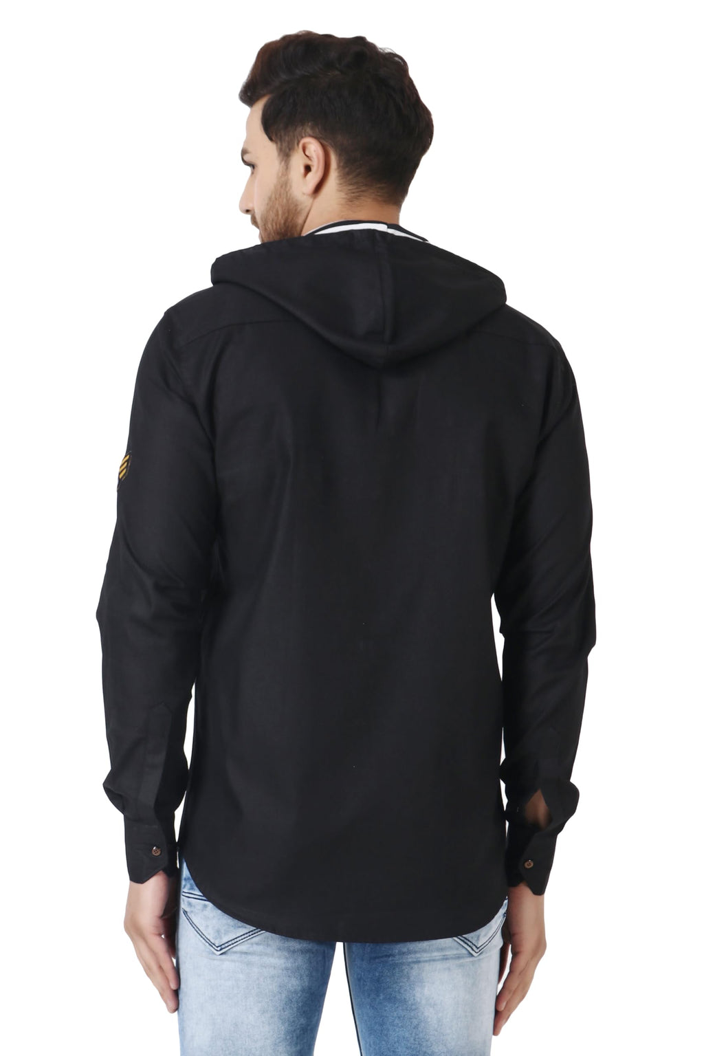 Besix MenS Black Tailored Fit Cotton Blend Shirt For Man With Hoodie - Casual Long Sleeve Shirt With Pockets - Patch Detail For