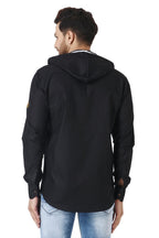 Besix MenS Black Tailored Fit Cotton Blend Shirt For Man With Hoodie - Casual Long Sleeve Shirt With Pockets - Patch Detail For