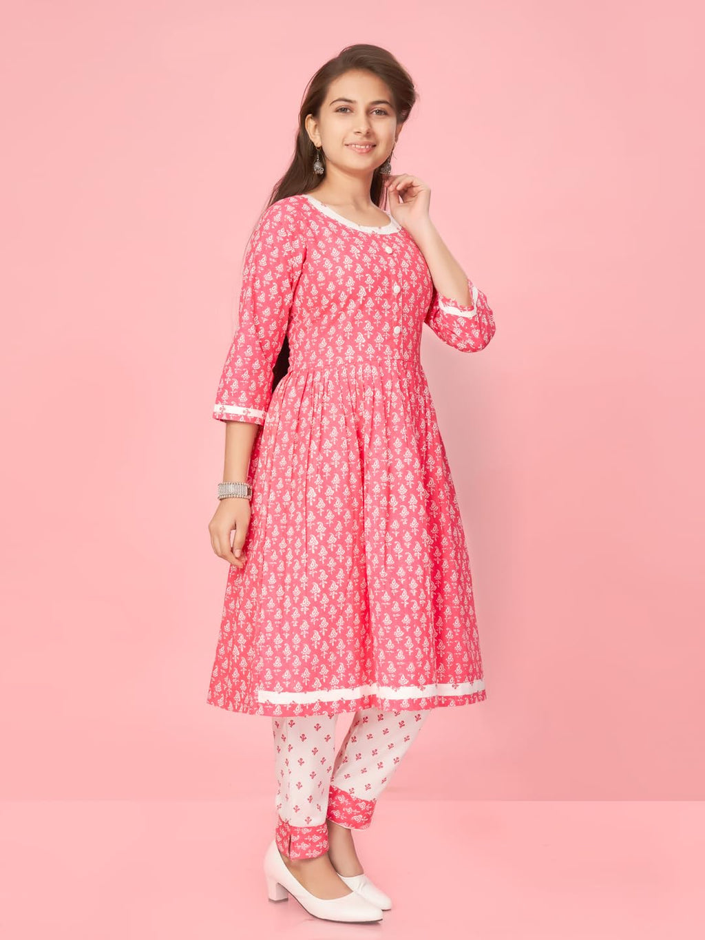 Aarika Girl'S Cotton Kurti Pant Set (New_Kp-K-481_Pink-White