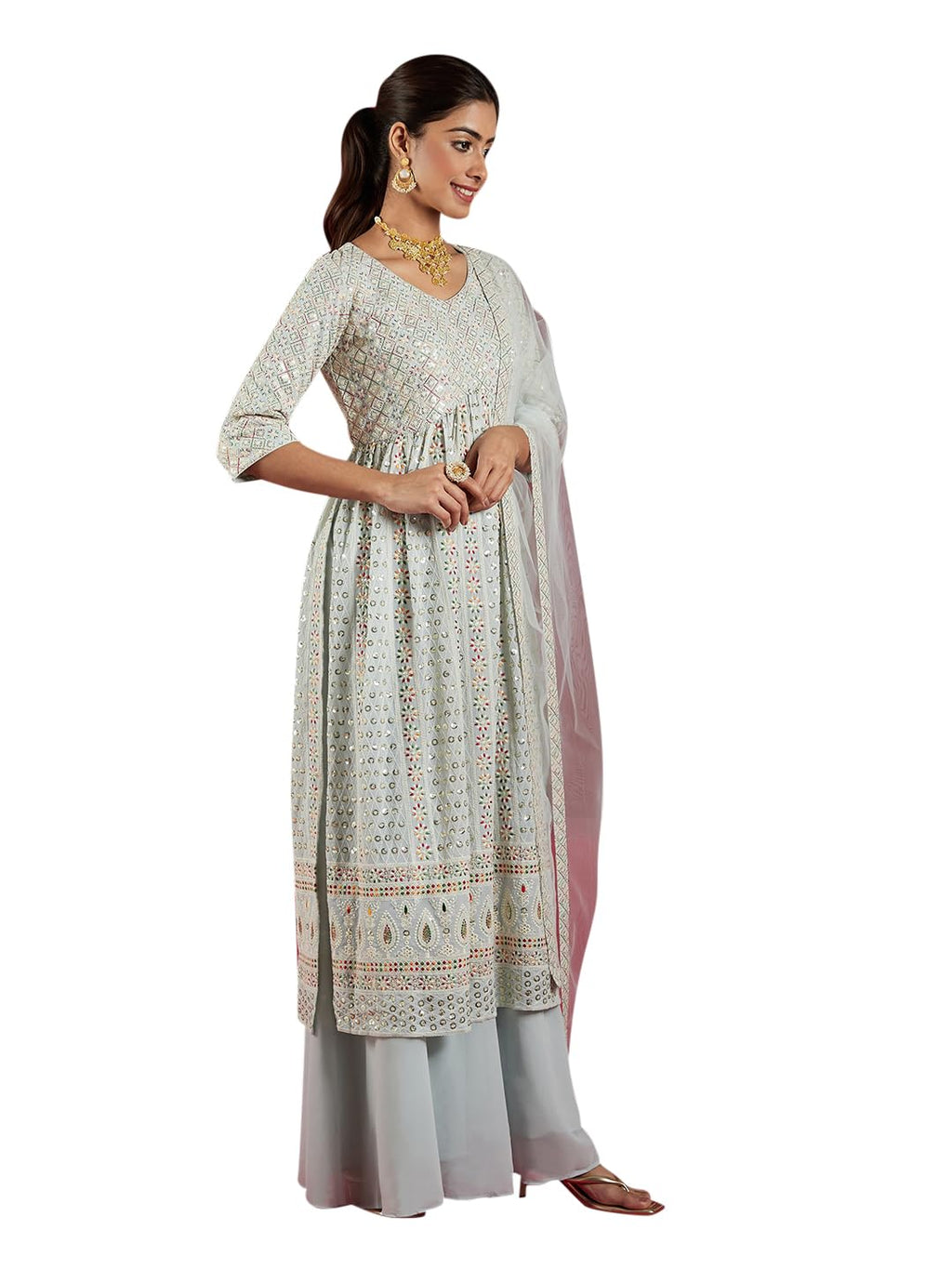 Libas Art Womens Embroidered Georgette A-Line Kurta With Palazzos and Dupatta
