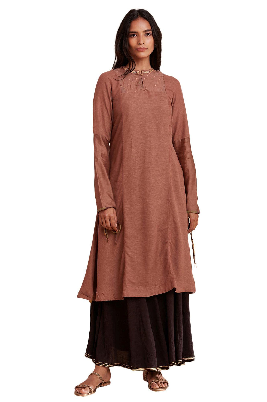 W For Woman Folksong By W Mandarin Neck Kurta Solid 44 L Full Slv Brown