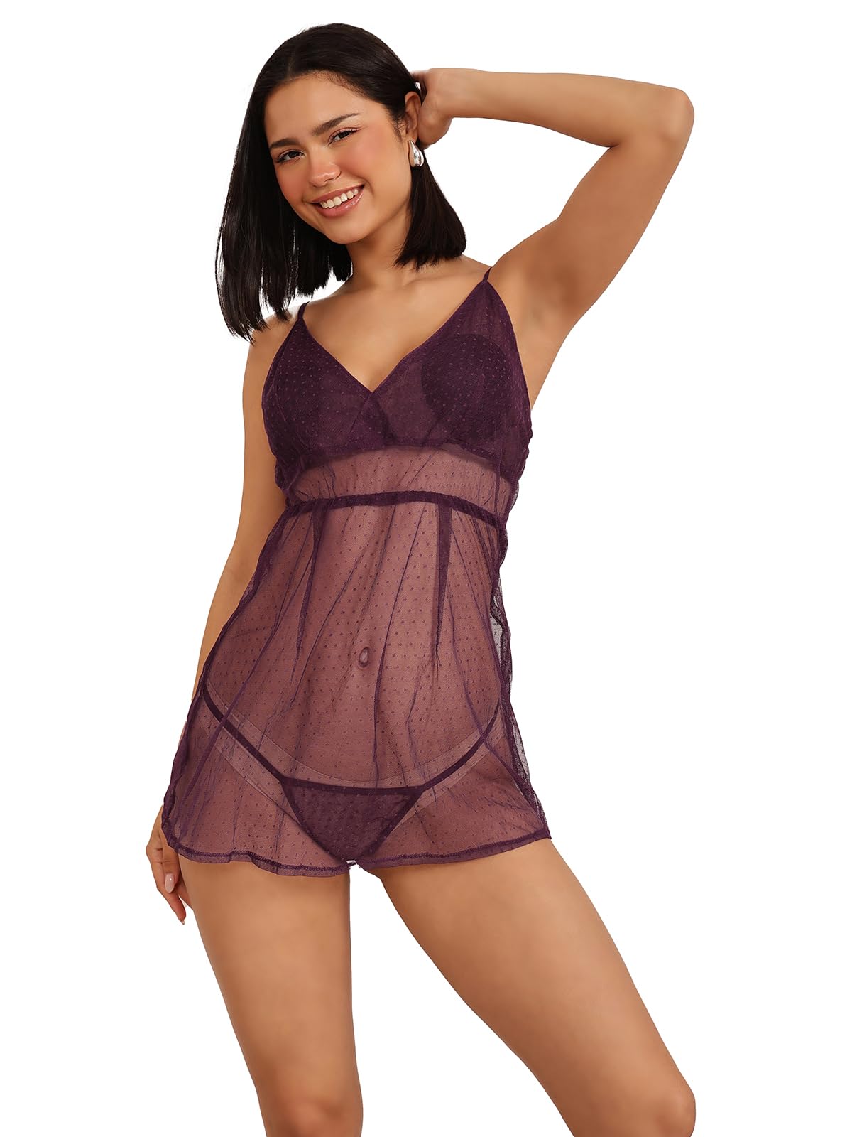 Clovia Womens Lace Solid Above The Knee Babydoll Dress (NS1405P15L_Purple_L)