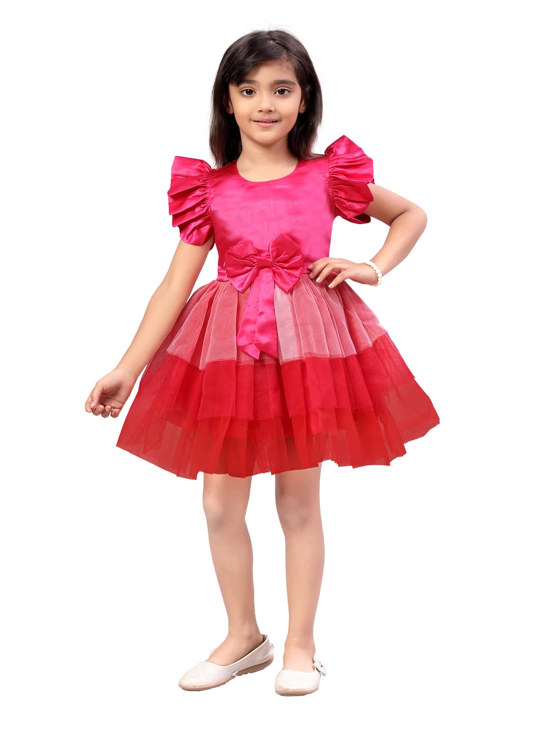 Aarika Girls Nylon Skater Knee-Length Dress (FK-30131_Rani_20)