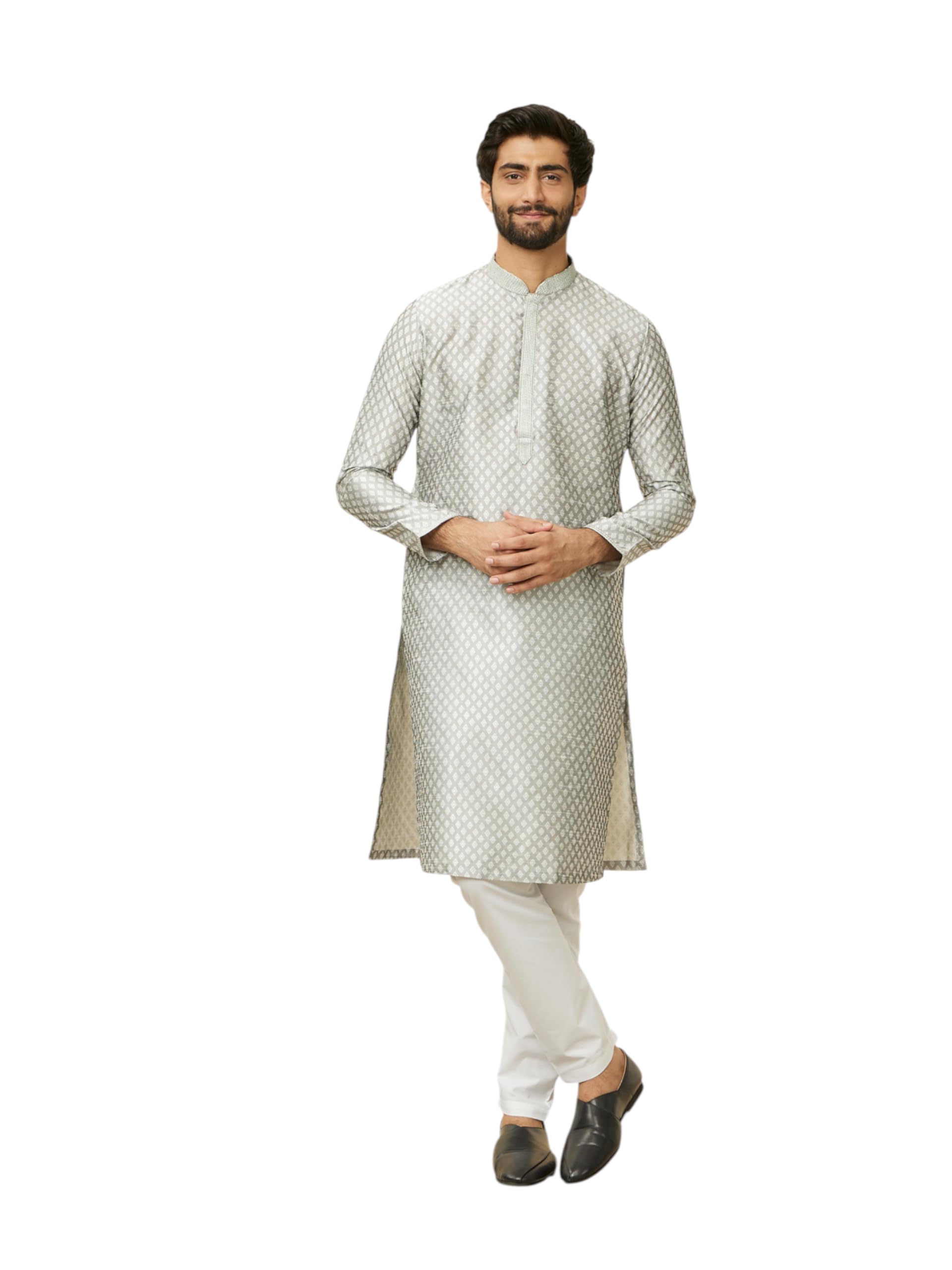 Manyavar Mens Art Silk Jacquard Full Sleeves Kurta Set (Light Grey,XXXL)