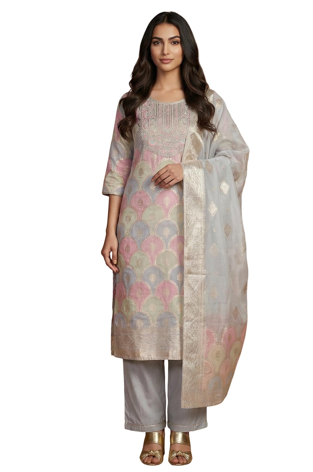 Aurelia WomenS Pastel Floral Printed Zari Work Straight Kurta With Palazzo And Dupatta Set - (As16400-706054-M)
