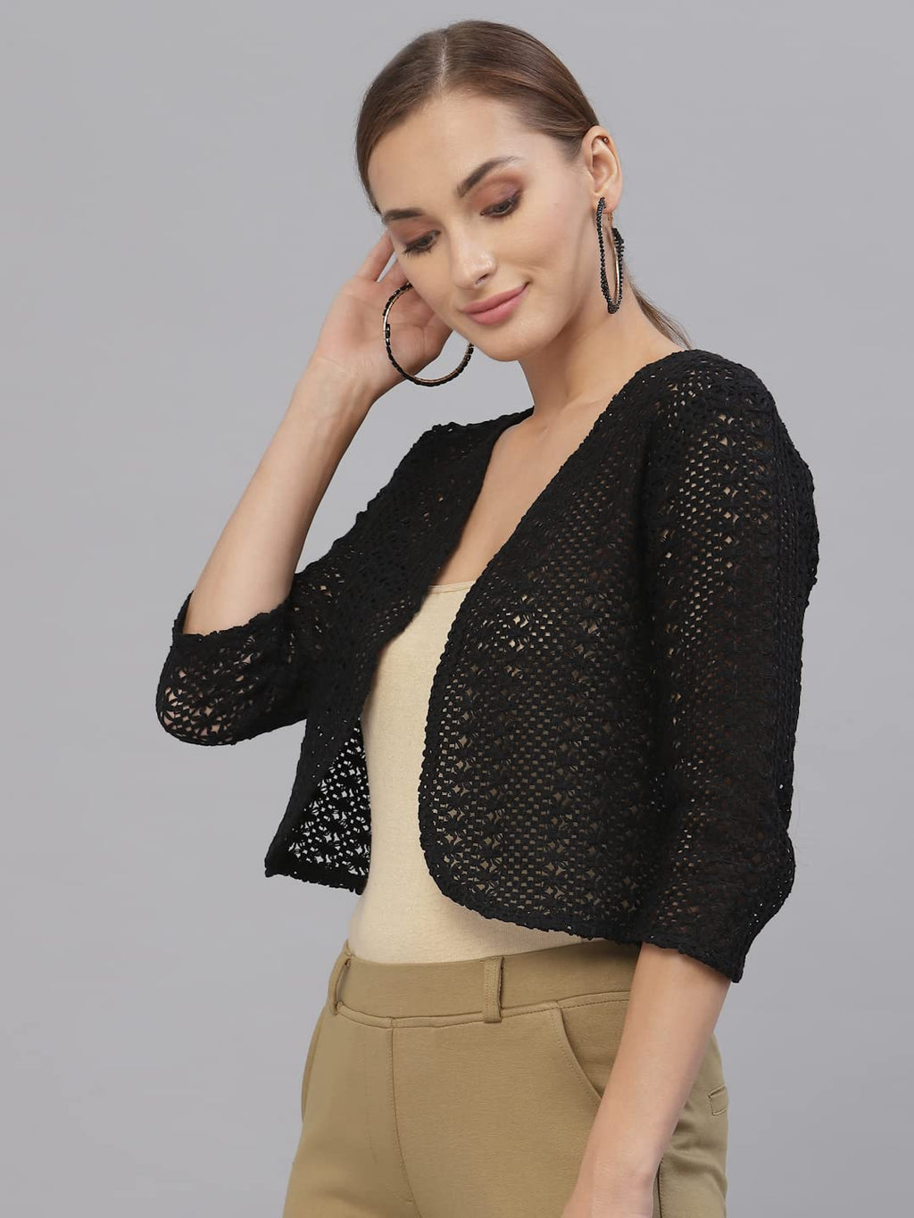 Style Quotient Women Cotton Self Design Lace Crop Open Front Shrug