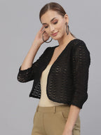 Style Quotient Women Cotton Self Design Lace Crop Open Front Shrug