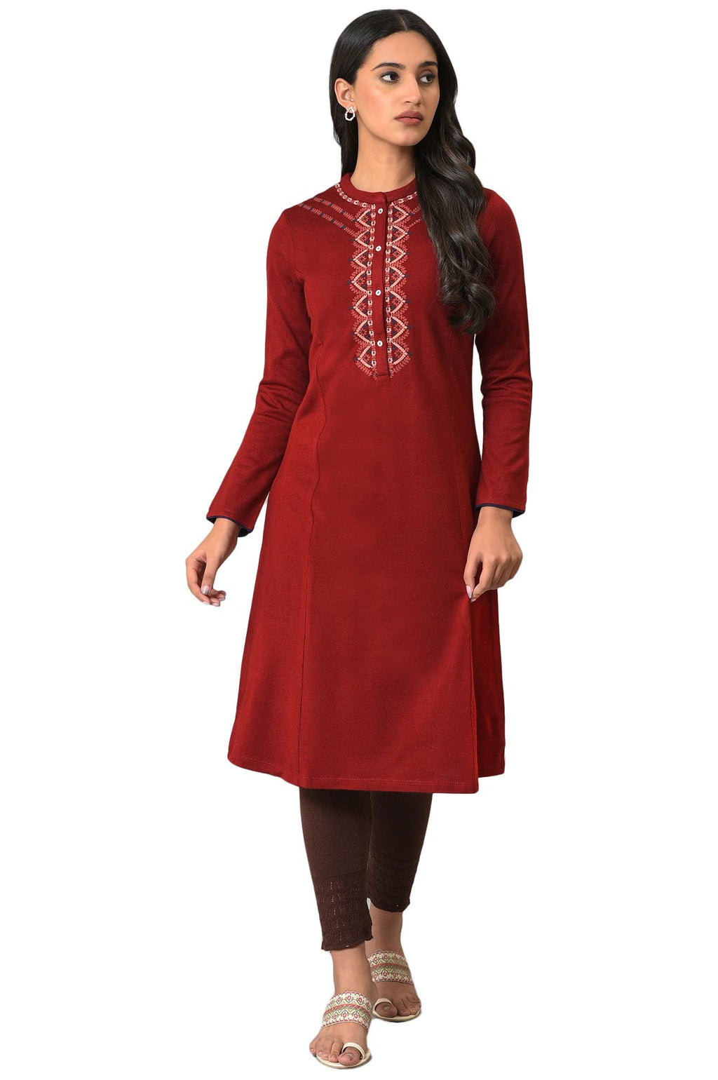 W For Woman Red A-Line Embroidered Winter Kurta